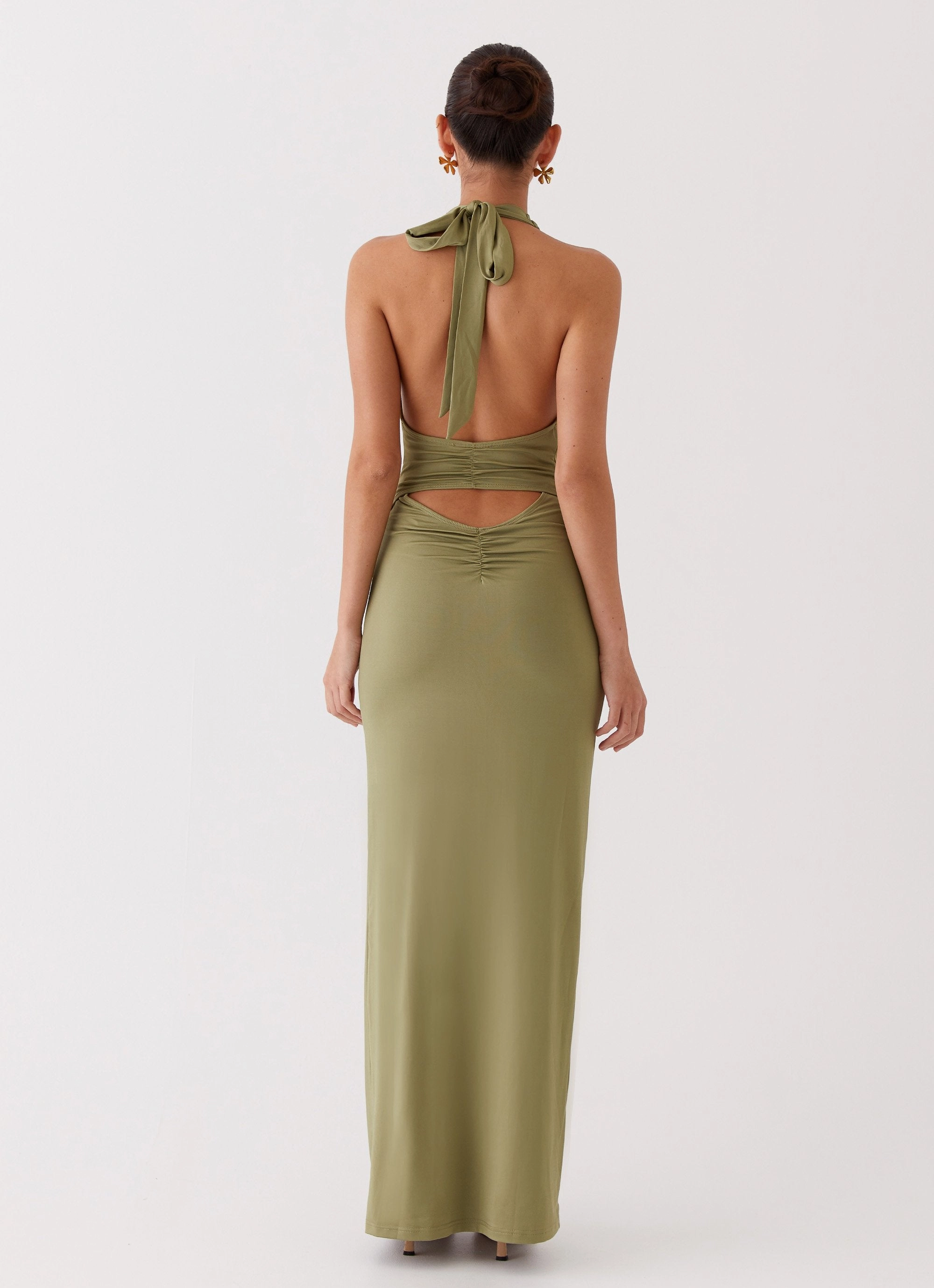 Delicate Lines Perfectly Fitted Whisked Away Halterneck Maxi Dress - Olive