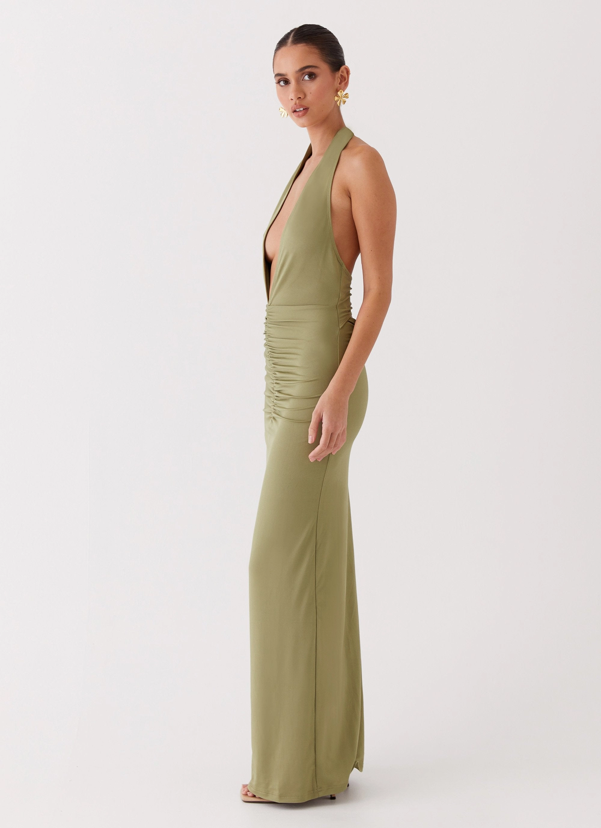 Whisked Away Halterneck Maxi Dress - Olive Airy Comfort retro-style