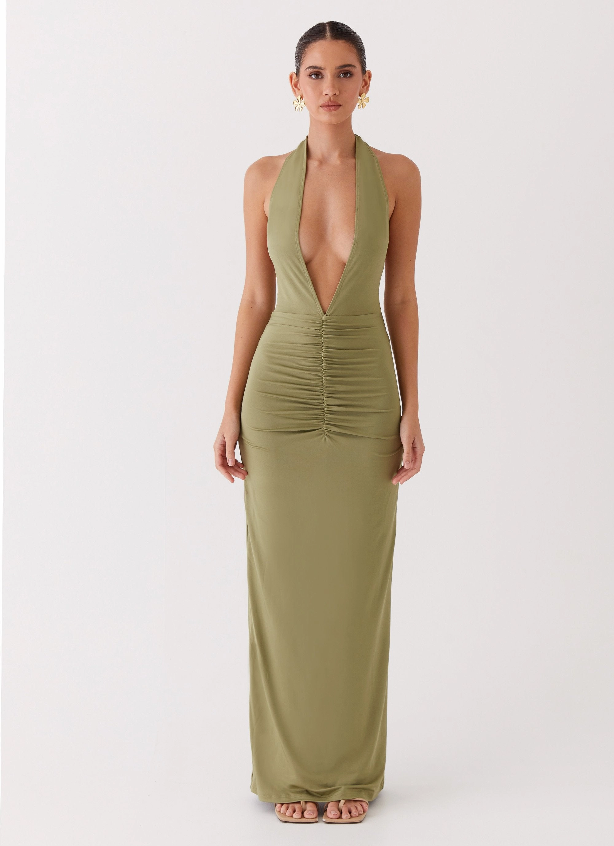 Whisked Away Halterneck Maxi Dress - Olive Best-Seller