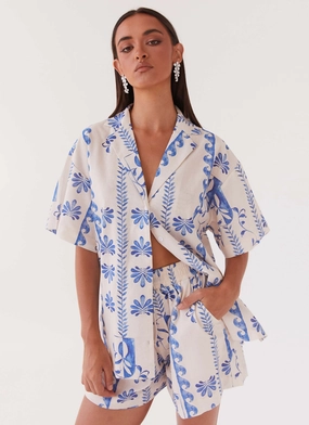 ReinforcedElasticHem Sweet Relief Linen Oversized Shirt - Floral Wave