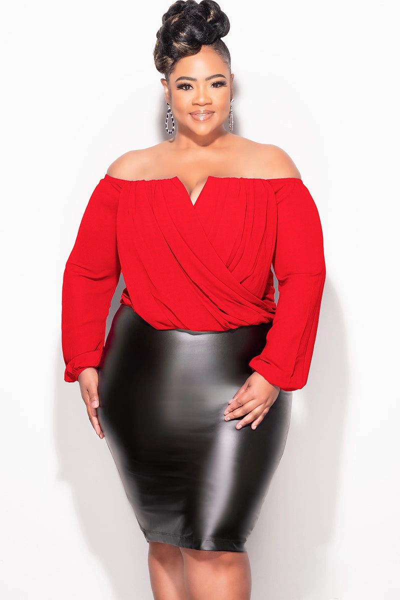 Seasonal Wear Final Sale Plus Size Chiffon Off the Shoulder Sweetheart Draping Blouse in Red
