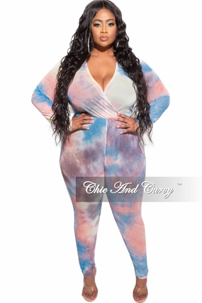 Final Sale Plus Size Faux Wrap Mesh Jumpsuit in Pink, Yellow and Blue Tie Dye LightweightConstruction Active Look