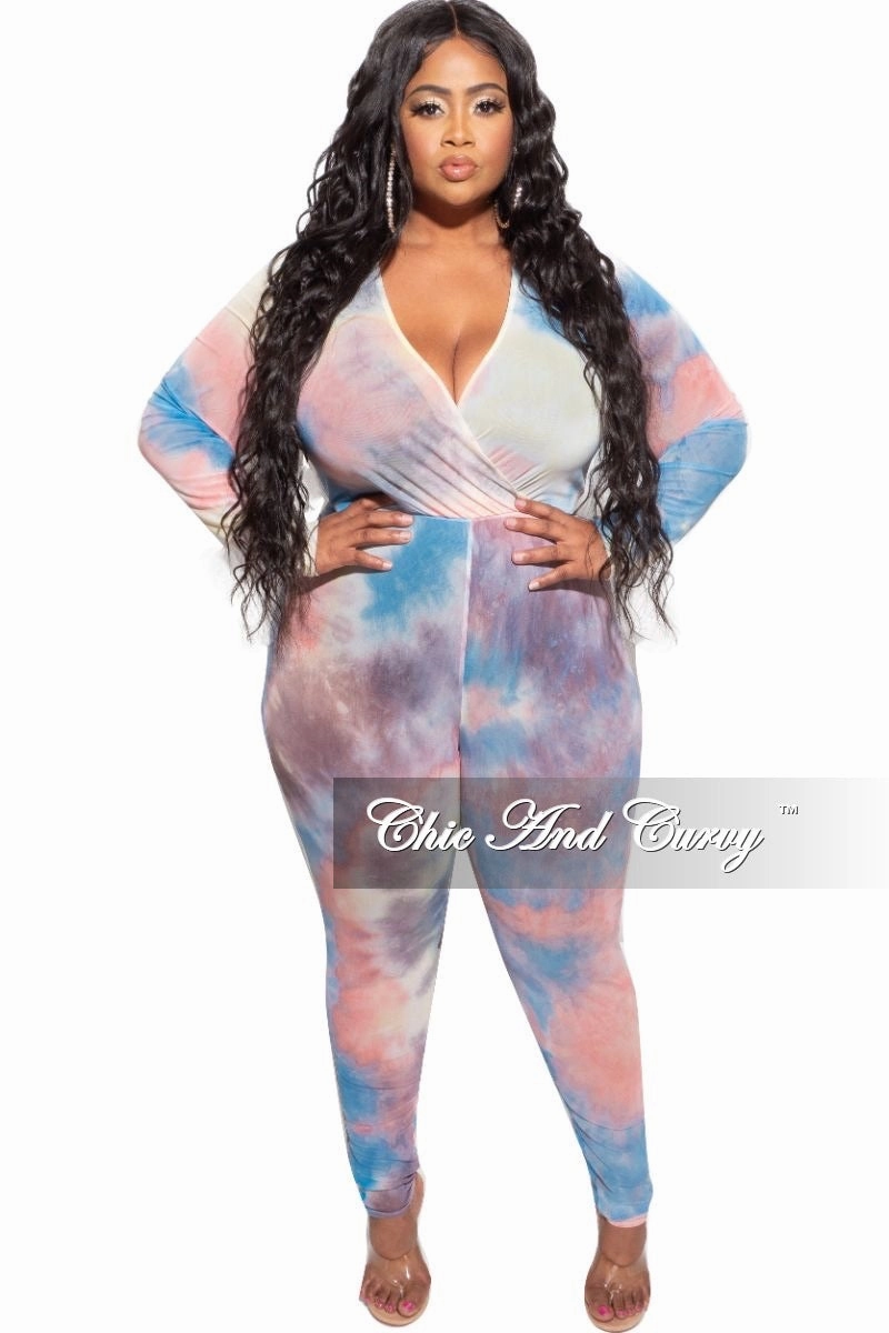 Final Sale Plus Size Faux Wrap Mesh Jumpsuit in Pink, Yellow and Blue Tie Dye LightweightConstruction Active Look