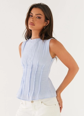 Franco Tie Back Top - Blue Textured Weave