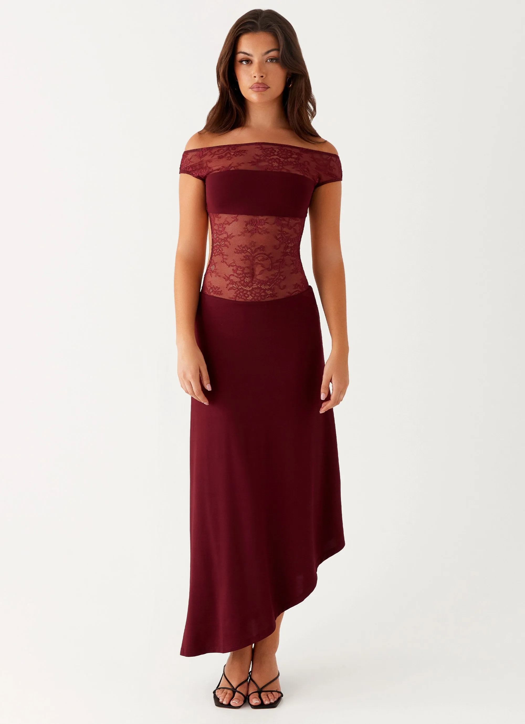 Shimmer-Finish Slim-fit Francoise Lace Midi Dress - Burgundy