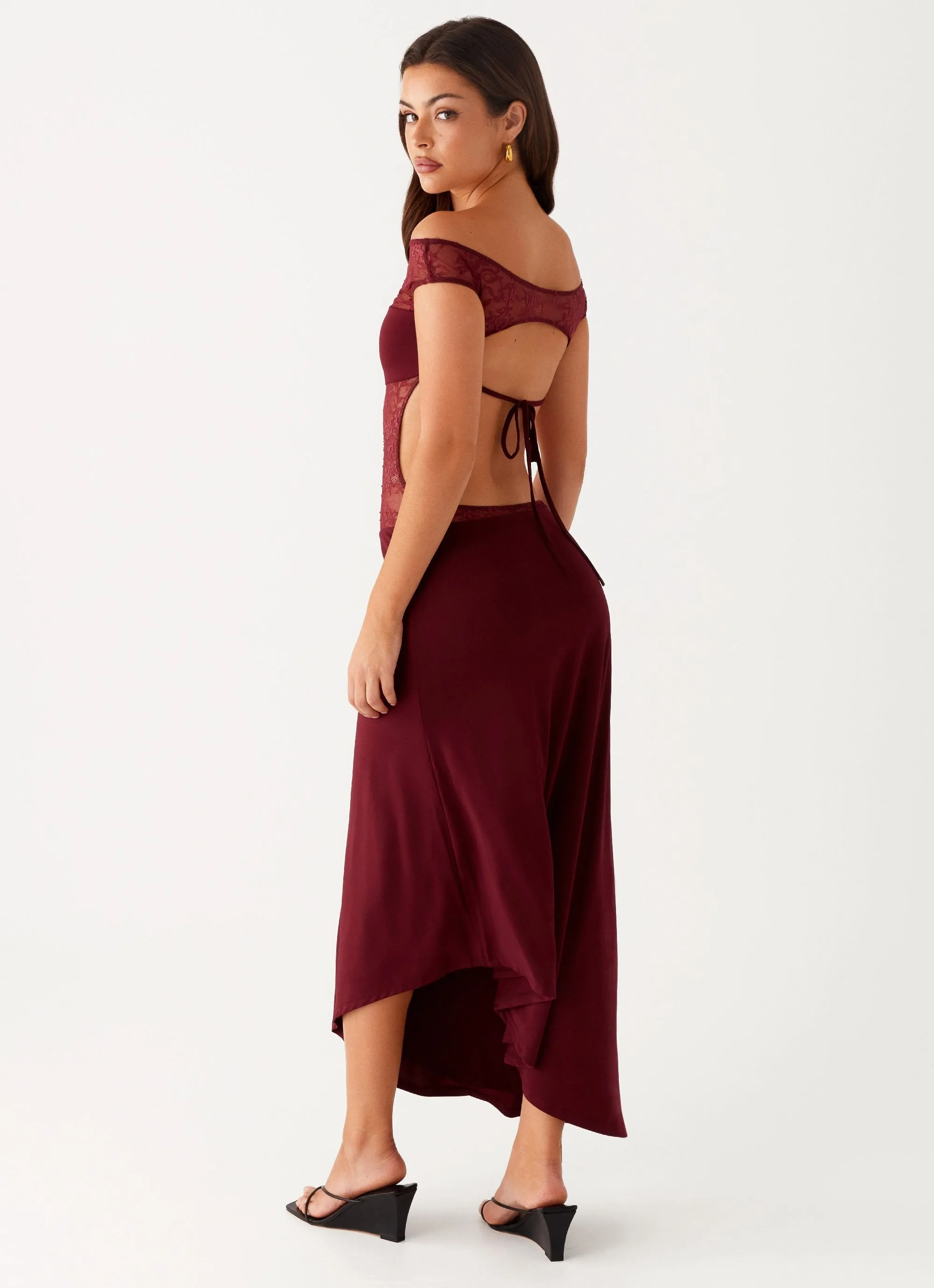 Francoise Lace Midi Dress - Burgundy Skin Hug Luxurious Texture