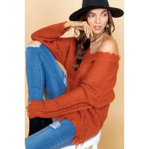Frayed V- Neck Sweater