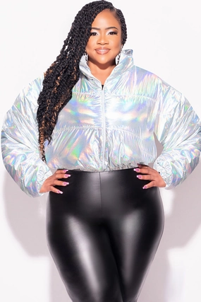 Final Sale Plus Size Shiny Crop Puffer Jacket in Silver Iridescent Versatile Fashion Timeless Utility