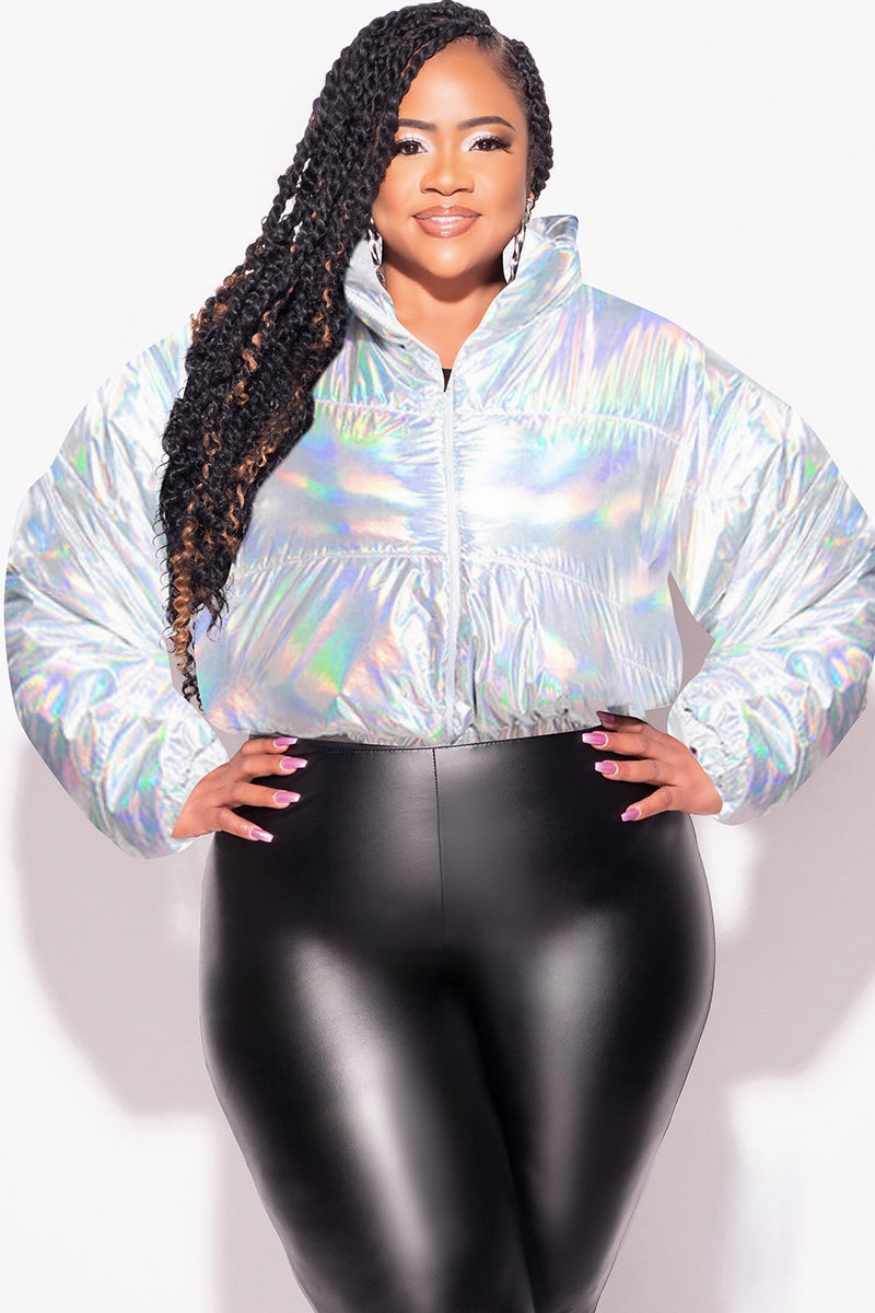 Final Sale Plus Size Shiny Crop Puffer Jacket in Silver Iridescent Versatile Fashion Timeless Utility