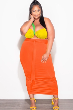 Casual Comfort Final Sale Plus Size 2pc One Shoulder Twist Front Crop Top and Ruched Skirt in Green Yellow and Orange