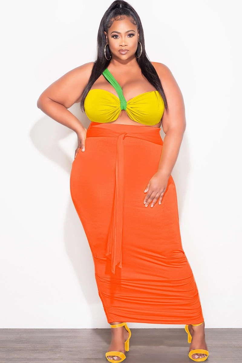 Wool blend MultiPocket Final Sale Plus Size 2pc One Shoulder Twist Front Crop Top and Ruched Skirt in Green Yellow and Orange