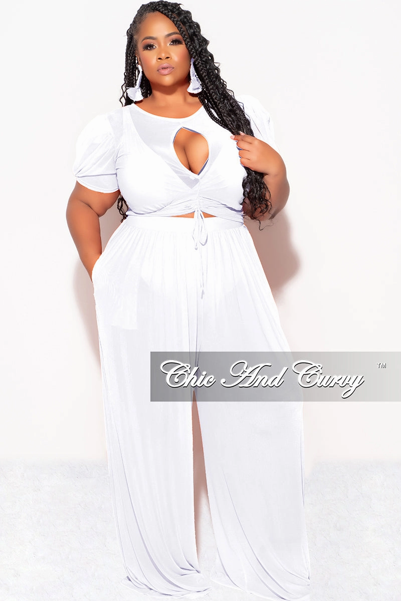 Smooth Fabric EasyCareFabric Final Sale Plus Size Mesh 3pc Set Top, Bralette, & Pant with Briefs in White
