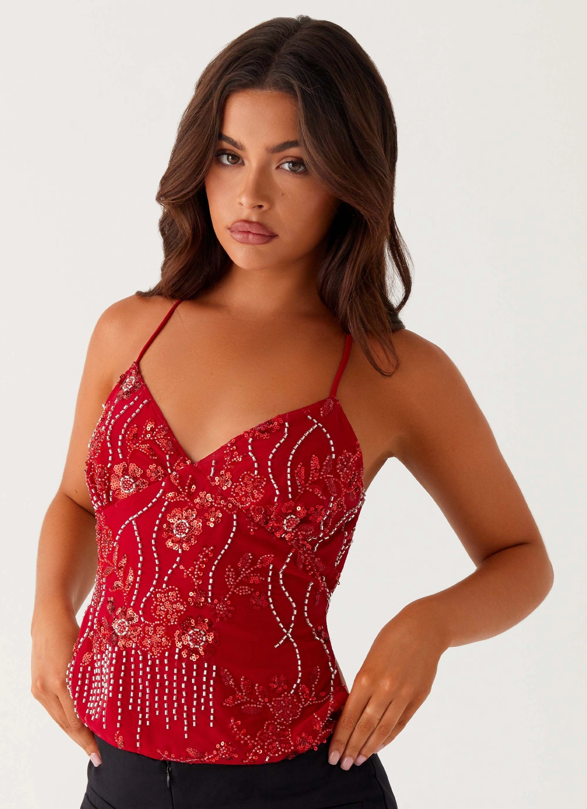 Everyday Fashion Tear Resistant Kamilla Sequin Cami Top - Red