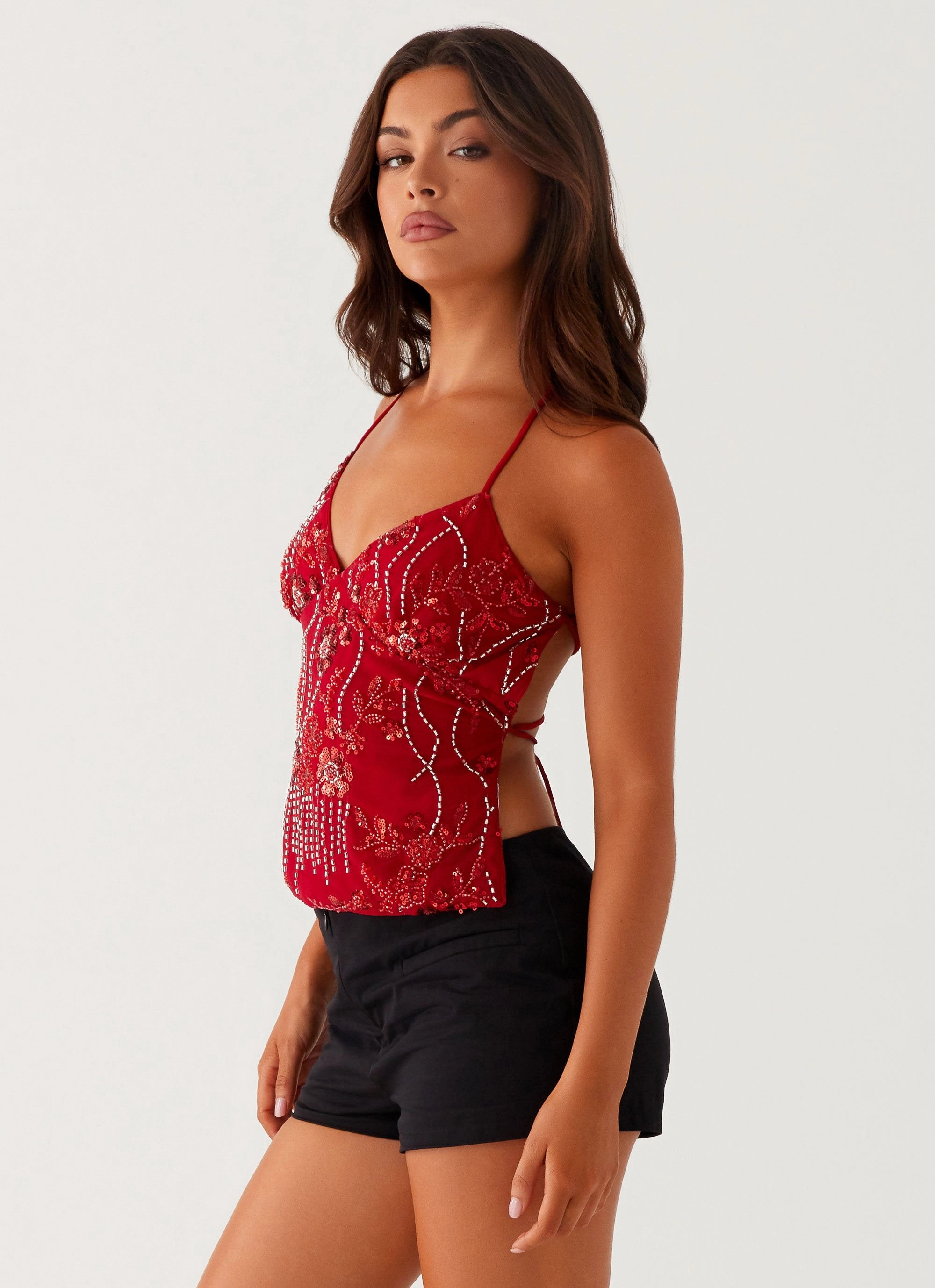 Antimicrobial Finish Elastic Edge Binding Kamilla Sequin Cami Top - Red
