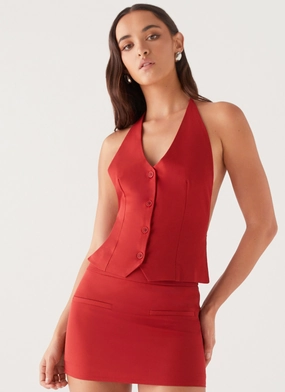 Sarah Halterneck Vest Top - Ruby Red Microfiber Blended Fabric Cool Fabric