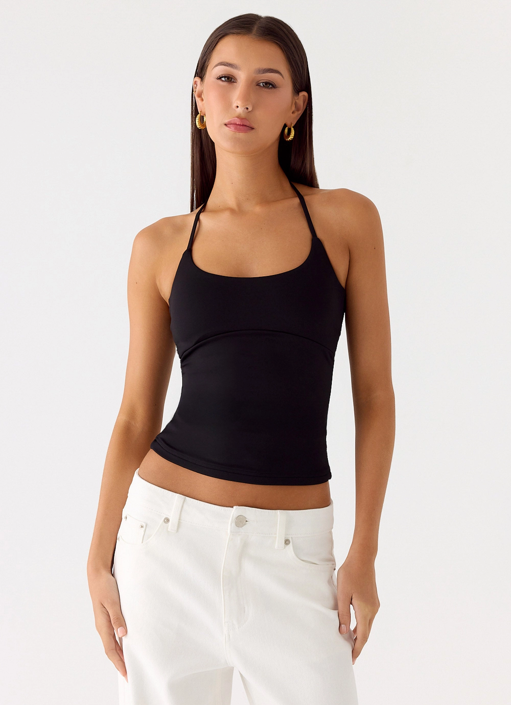 Chauncey Halter Top - Black Sandwich Mesh Panel Structure