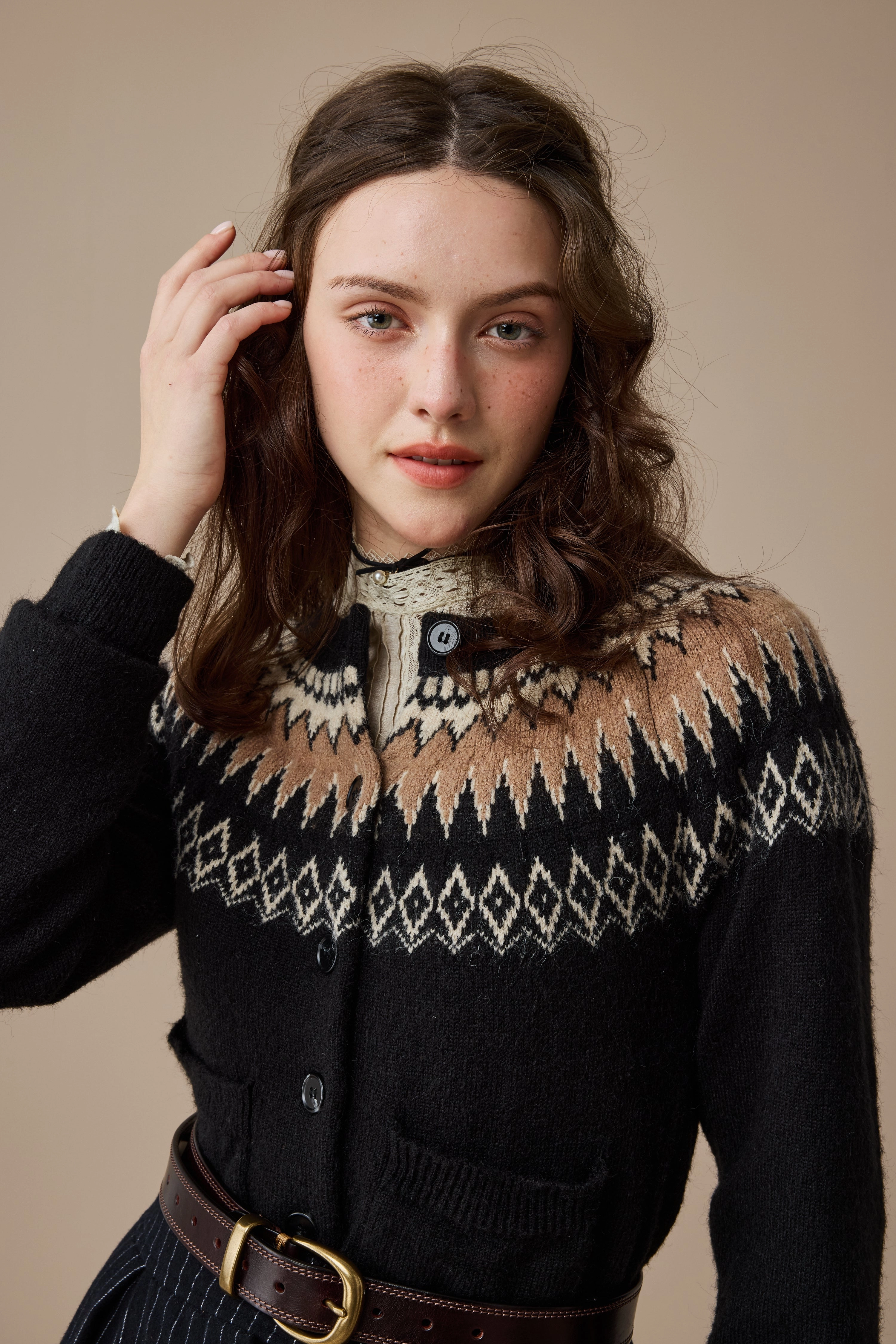 Heather 13 |Fair Isle knits Cardigan FlexibleRibbing Stretch Blouse