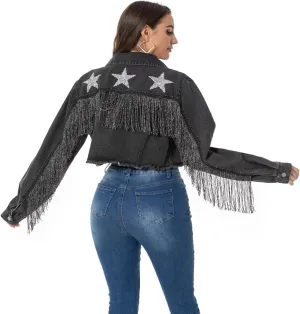Fringe Denim Jean Jacket Cropped Rhinestone Denim Jacket Distressed Long Sleeve Tassel Jean Coat for Women