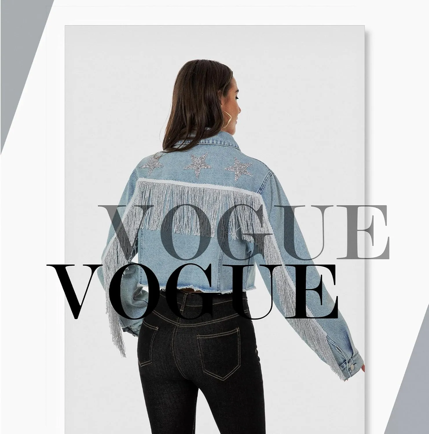 Fringe Denim Jean Jacket Cropped Rhinestone Denim Jacket Distressed Long Sleeve Tassel Jean Coat for Women