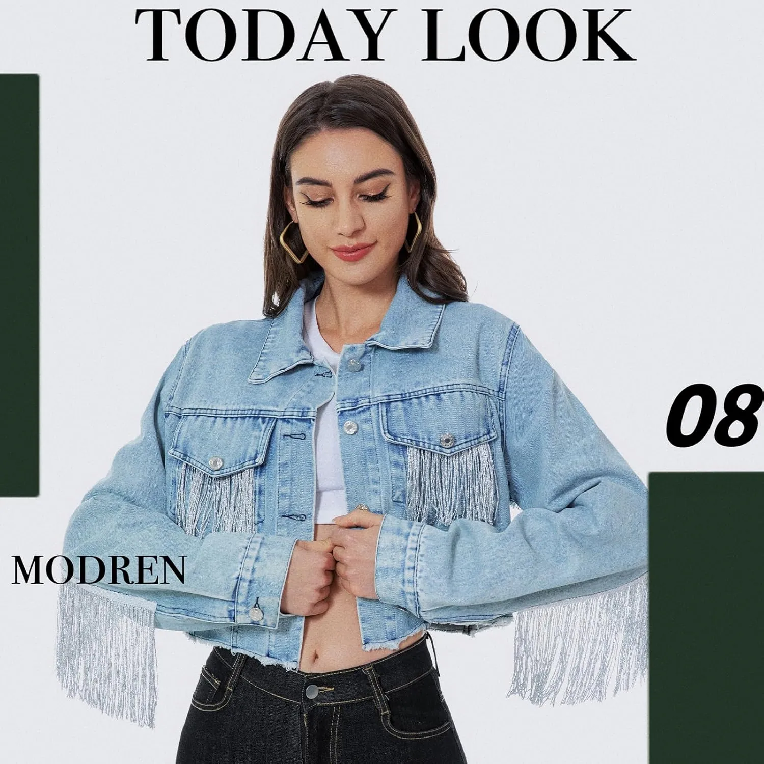 Fringe Denim Jean Jacket Cropped Rhinestone Denim Jacket Distressed Long Sleeve Tassel Jean Coat for Women