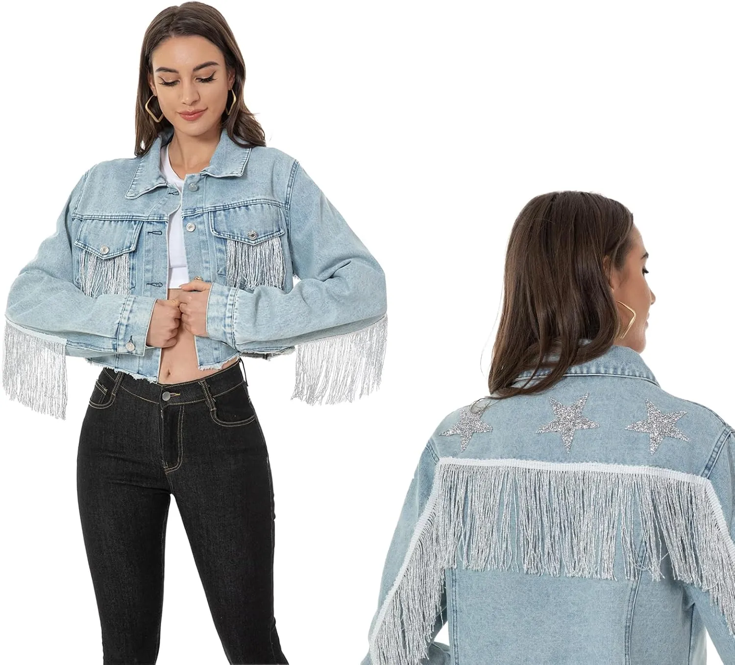 Fringe Denim Jean Jacket Cropped Rhinestone Denim Jacket Distressed Long Sleeve Tassel Jean Coat for Women