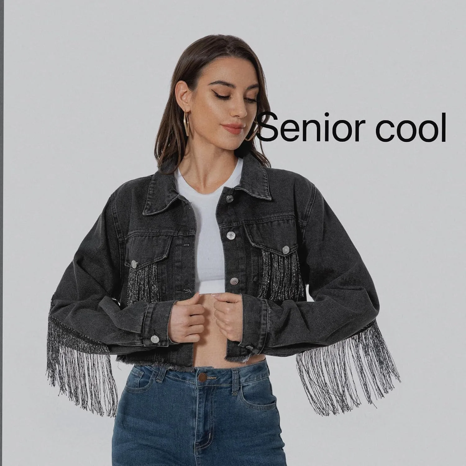 Fringe Denim Jean Jacket Cropped Rhinestone Denim Jacket Distressed Long Sleeve Tassel Jean Coat for Women