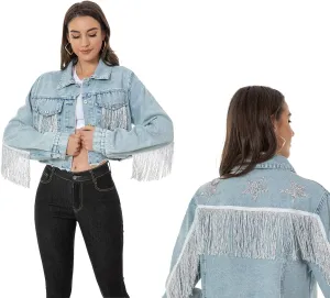 Fringe Denim Jean Jacket Cropped Rhinestone Denim Jacket Distressed Long Sleeve Tassel Jean Coat for Women