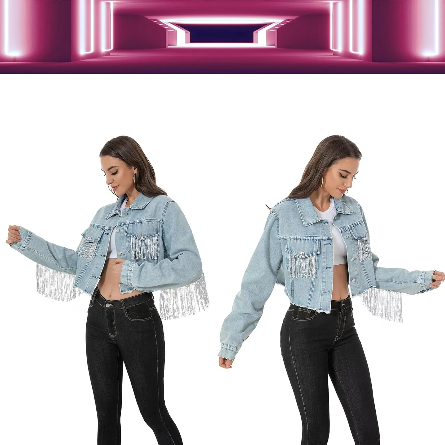 Fringe Denim Jean Jacket Cropped Rhinestone Denim Jacket Distressed Long Sleeve Tassel Jean Coat for Women