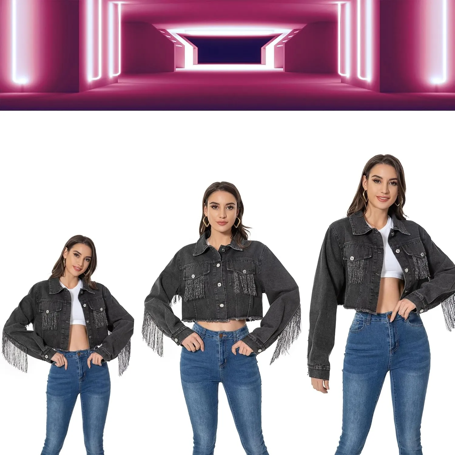 Fringe Denim Jean Jacket Cropped Rhinestone Denim Jacket Distressed Long Sleeve Tassel Jean Coat for Women
