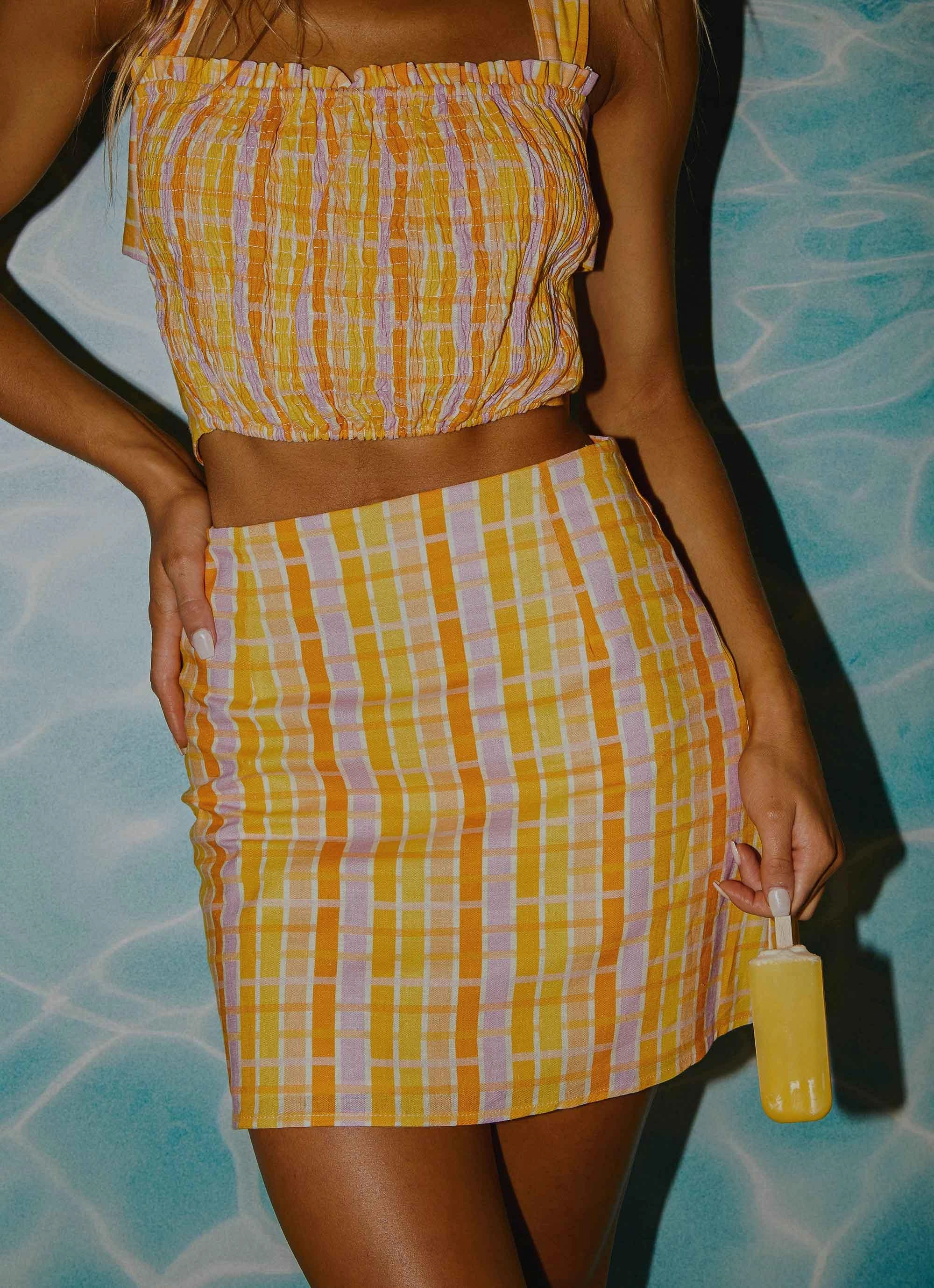 From The Beach Linen Mini Skirt - Splice Check Trendy Look Workwear