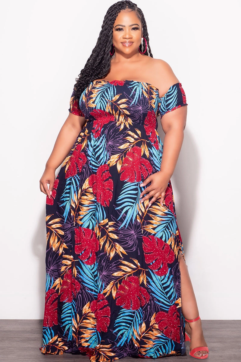Light Stretch Final Sale Plus Size Sleeveless Frill Tiered Maxi Dress in Multi Color Leaf Print