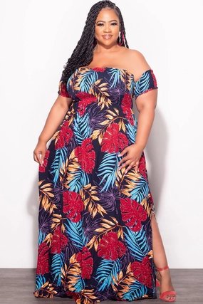 Light Stretch Final Sale Plus Size Sleeveless Frill Tiered Maxi Dress in Multi Color Leaf Print