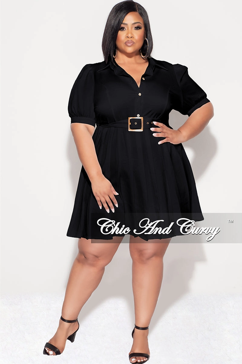 Final Sale Plus Size Collar Button Up Pleated Dress with Belt in Black MachineWashable