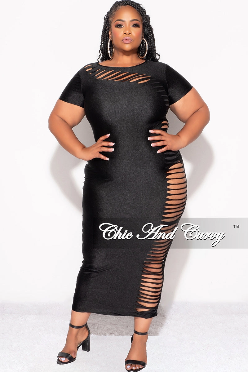 Full Coverage Final Sale Plus Size Cutout Distressed Bodycon Dress in Black