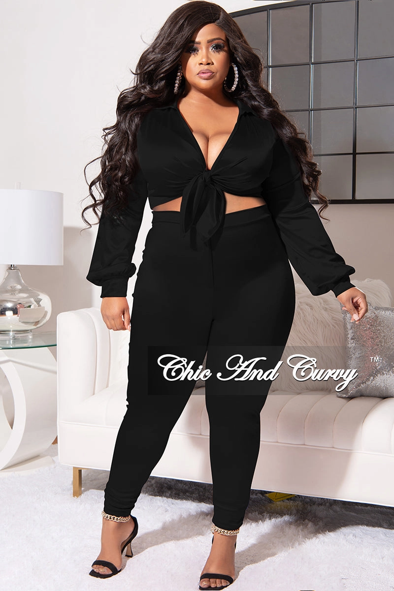 Layer Comfort Comfort Fit Wear Final Sale Plus Size 2pc Shiny Satin Collared Crop Tie Top and Pants Set in Black