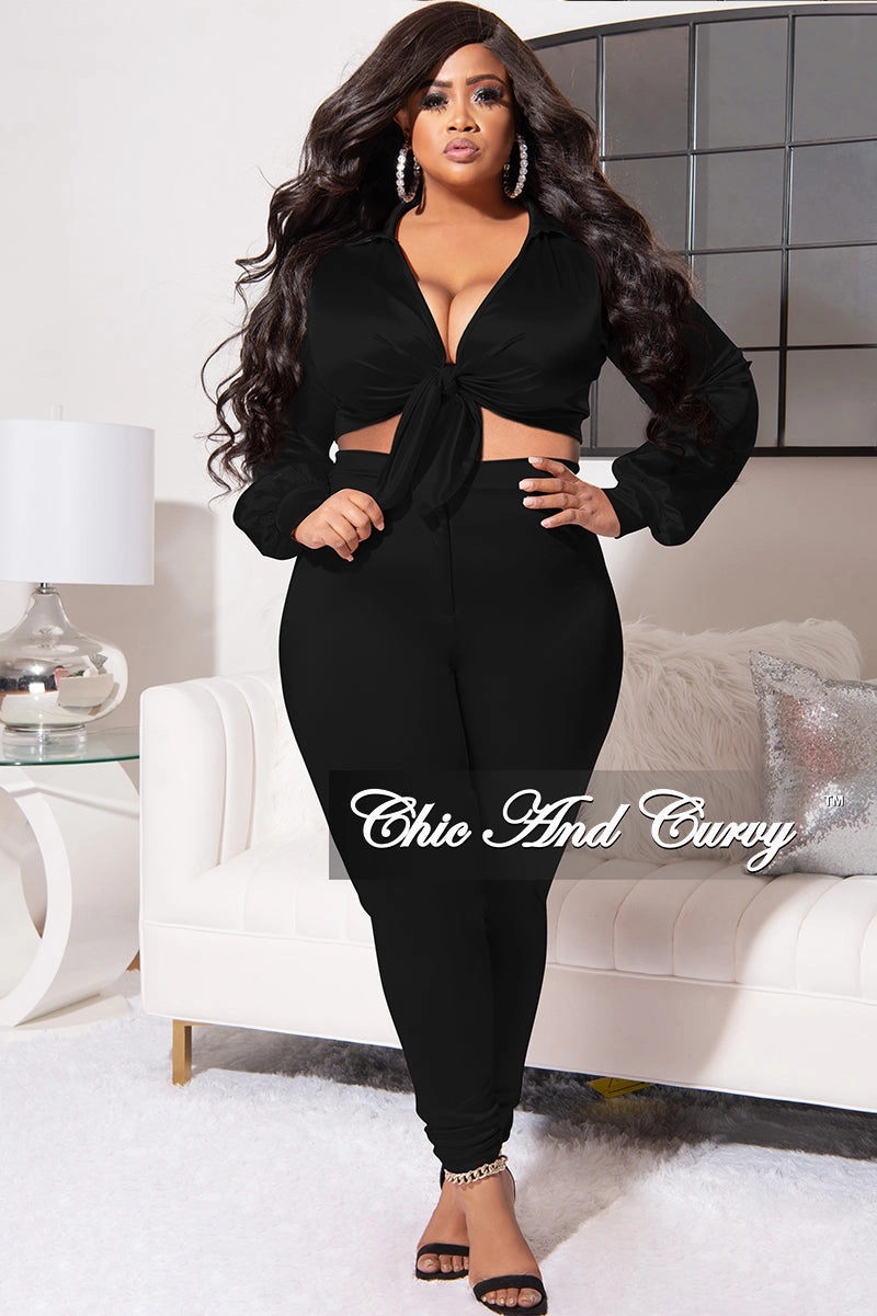 Flat Lock Seams Final Sale Plus Size 2pc Shiny Satin Collared Crop Tie Top and Pants Set in Black