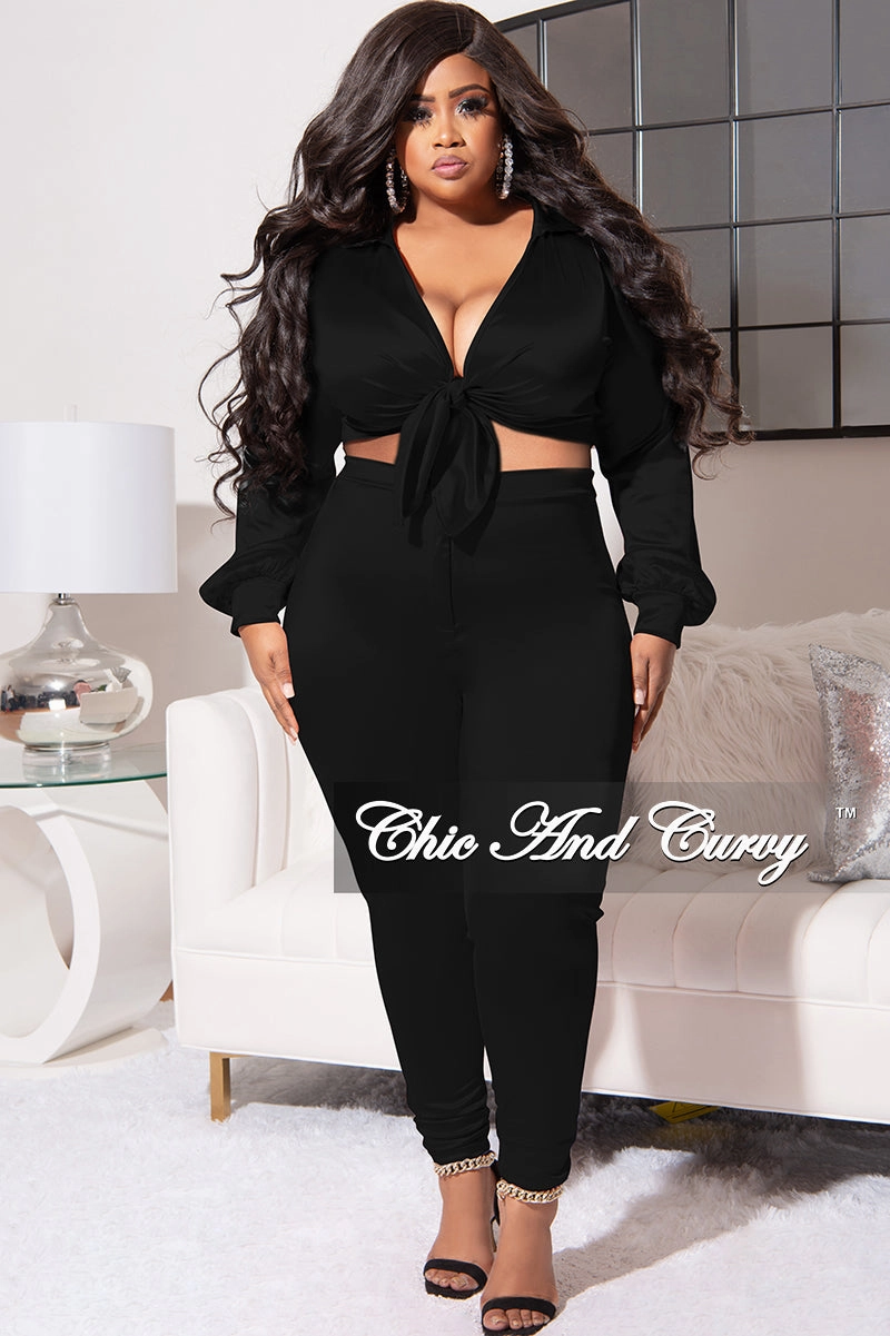 Final Sale Plus Size 2pc Shiny Satin Collared Crop Tie Top and Pants Set in Black Skinny Fit Minimal Vibe