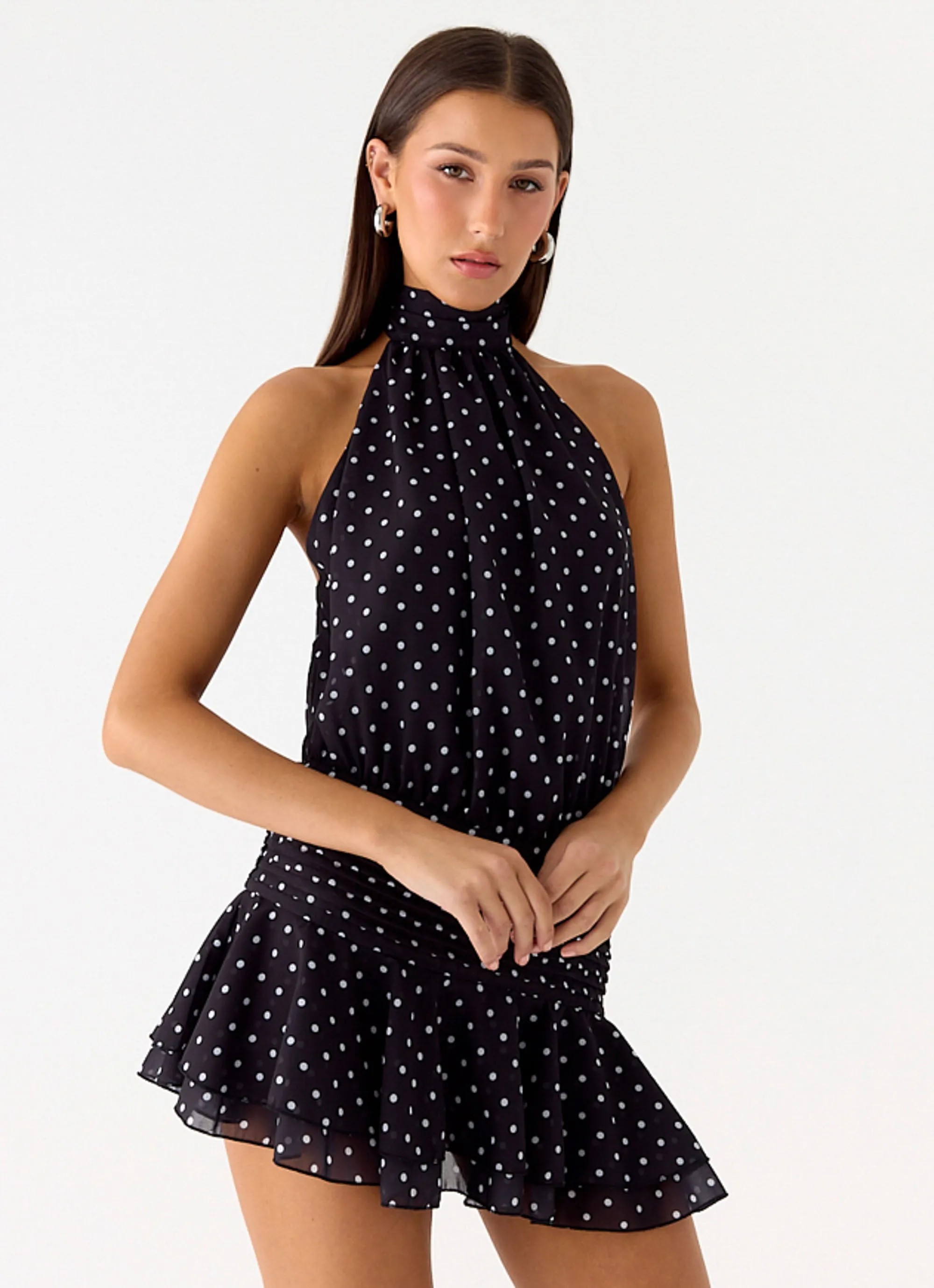 Willow Chiffon Mini Dress - Black Polkadot Satin-Sleeve