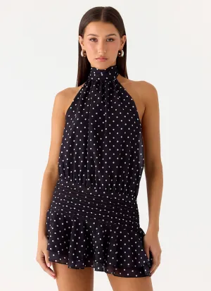 Willow Chiffon Mini Dress - Black Polkadot Luxury Feel Wardrobe-Staple