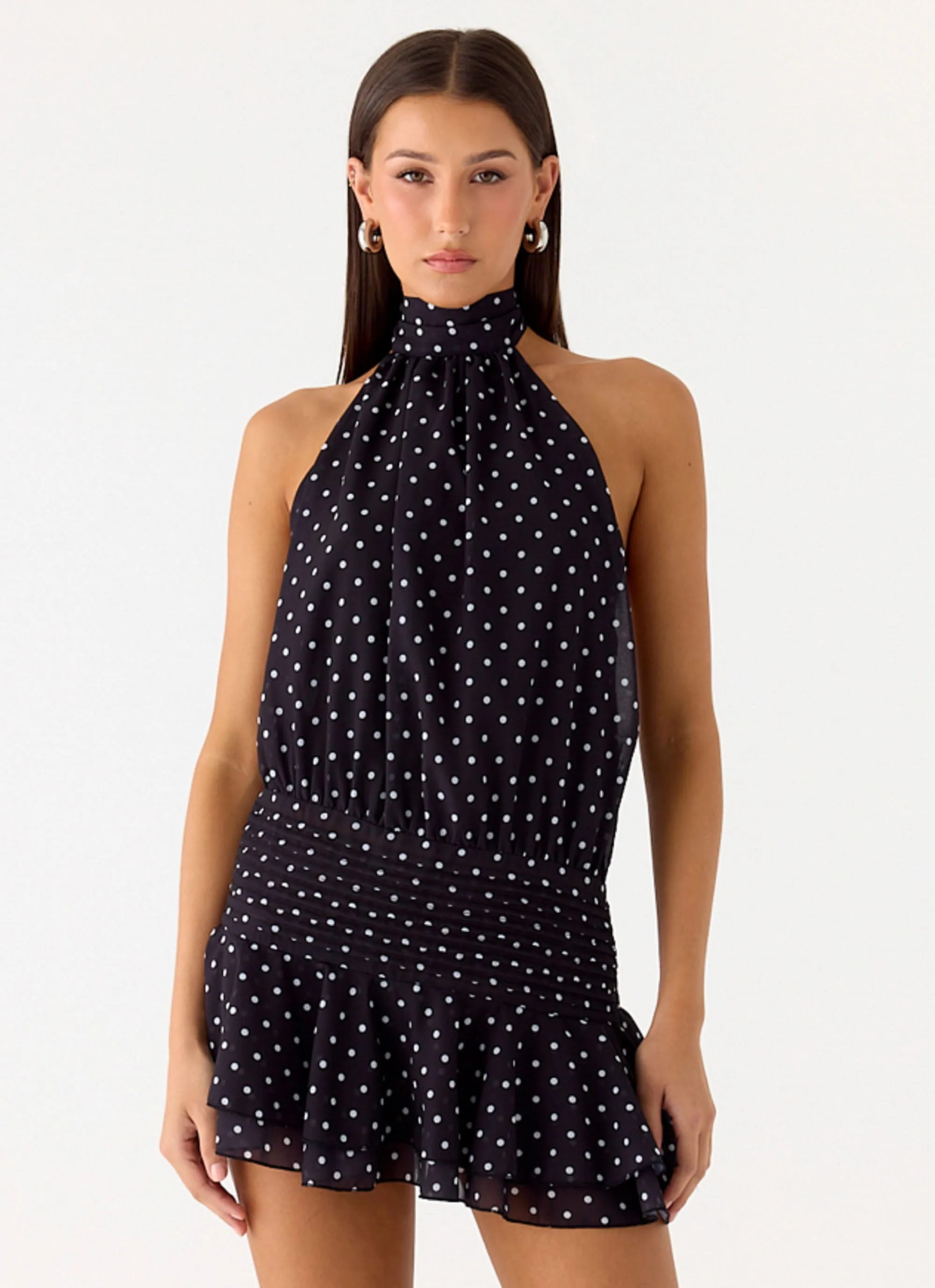 Willow Chiffon Mini Dress - Black Polkadot Luxury Feel Wardrobe-Staple