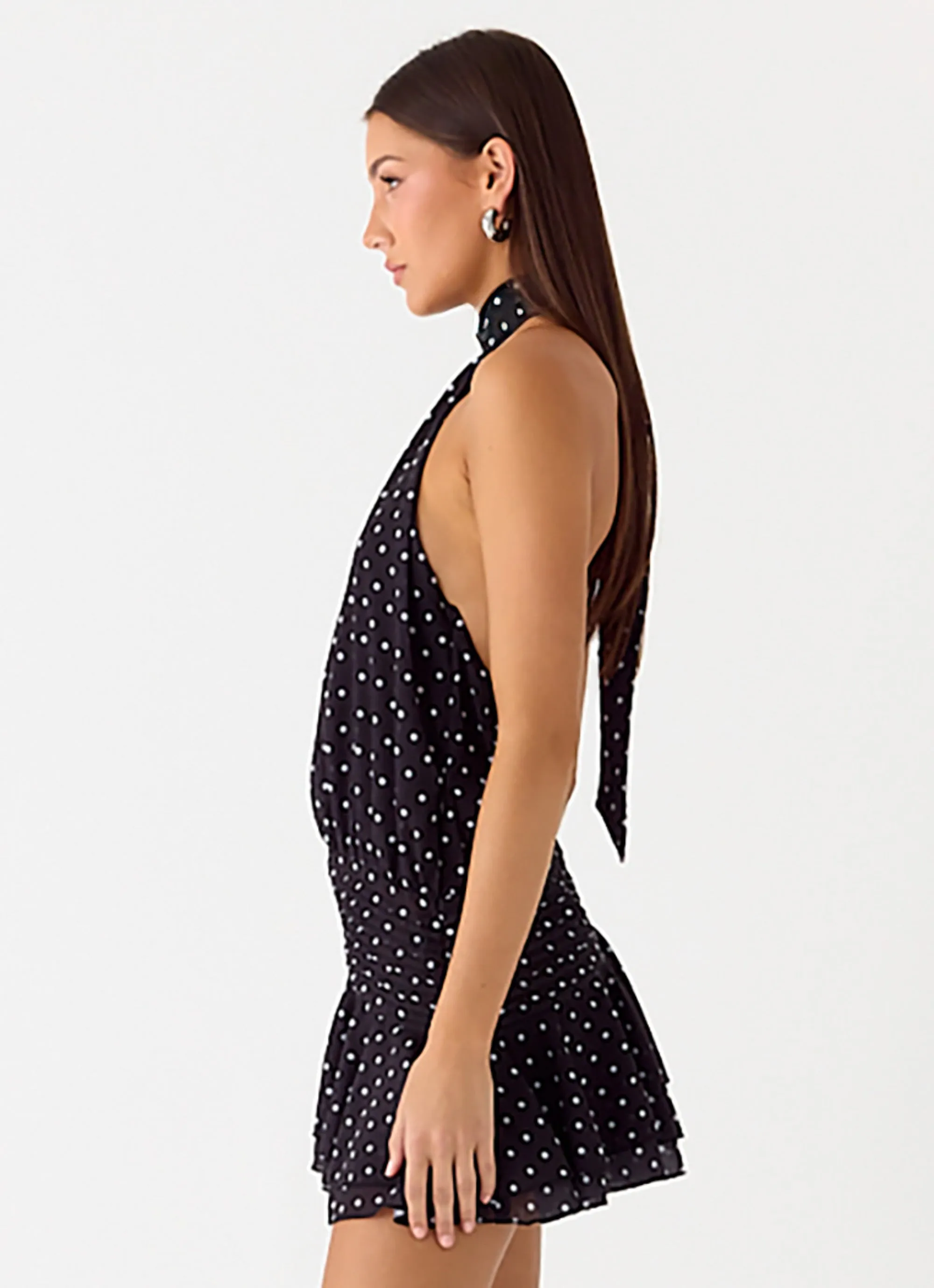 Hand-Wash Cozy Design Willow Chiffon Mini Dress - Black Polkadot