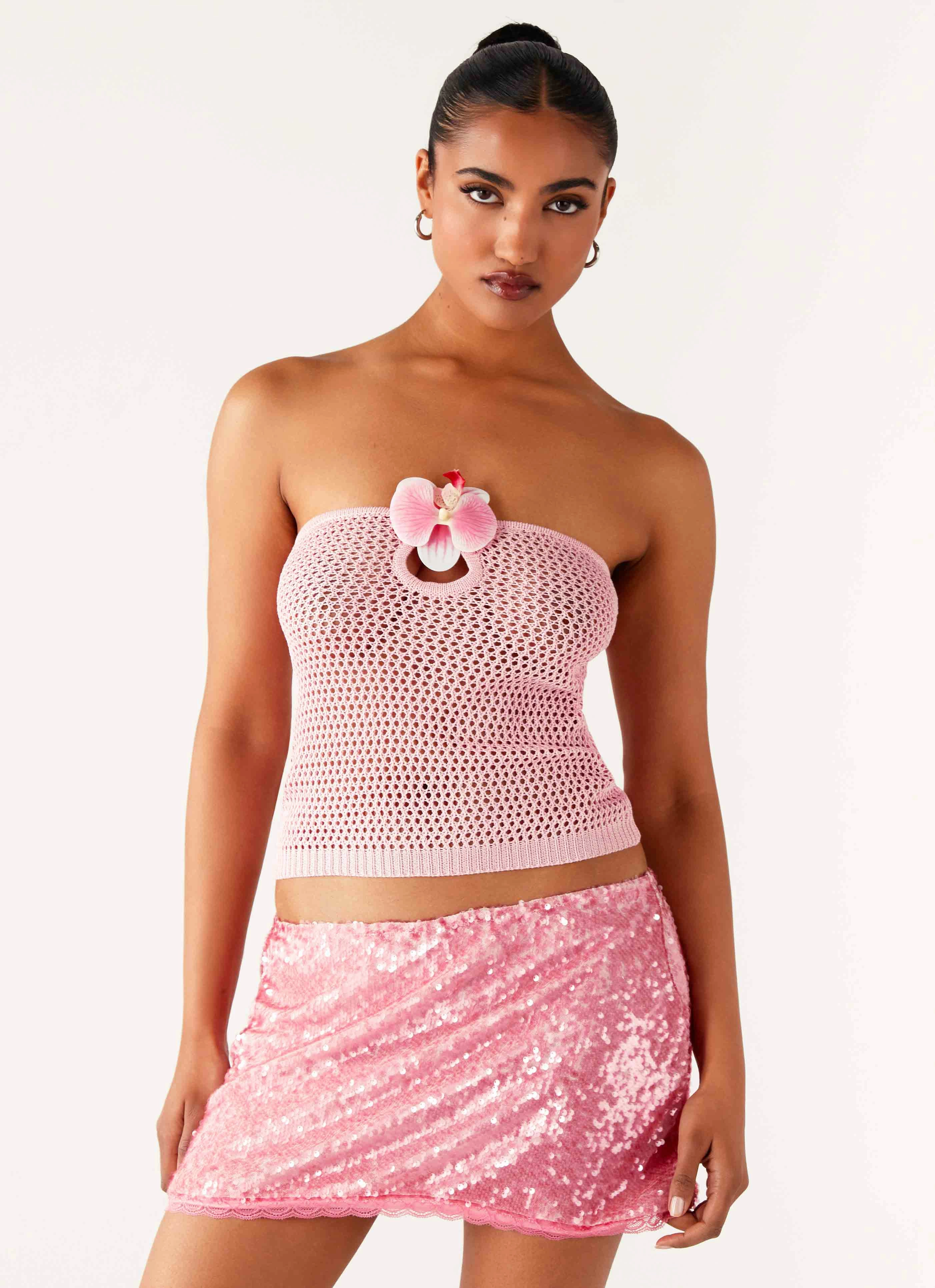 Galia Crochet Top - Pink Weighted Hem Trim HighDensityFoam