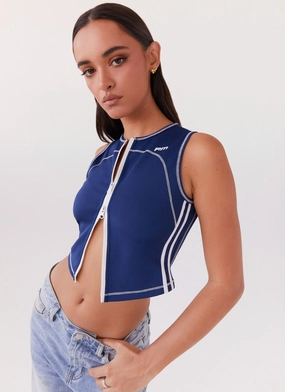 Game Face Sleeveless Top - Space Blue Comfortable clothing Adjustable Collar System