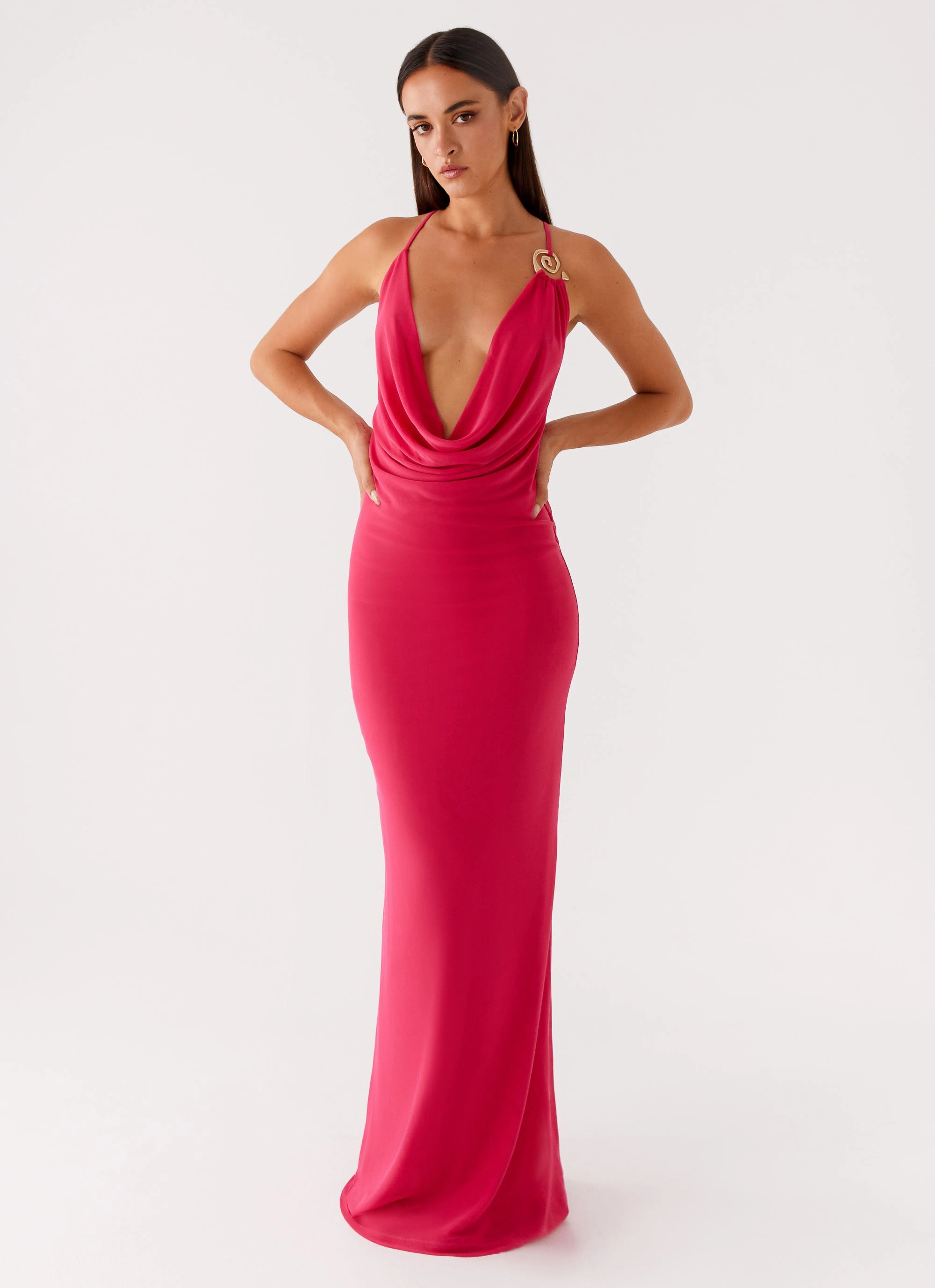 Game Player Maxi Dress - Hot Pink Satin Finish Luxe Touch