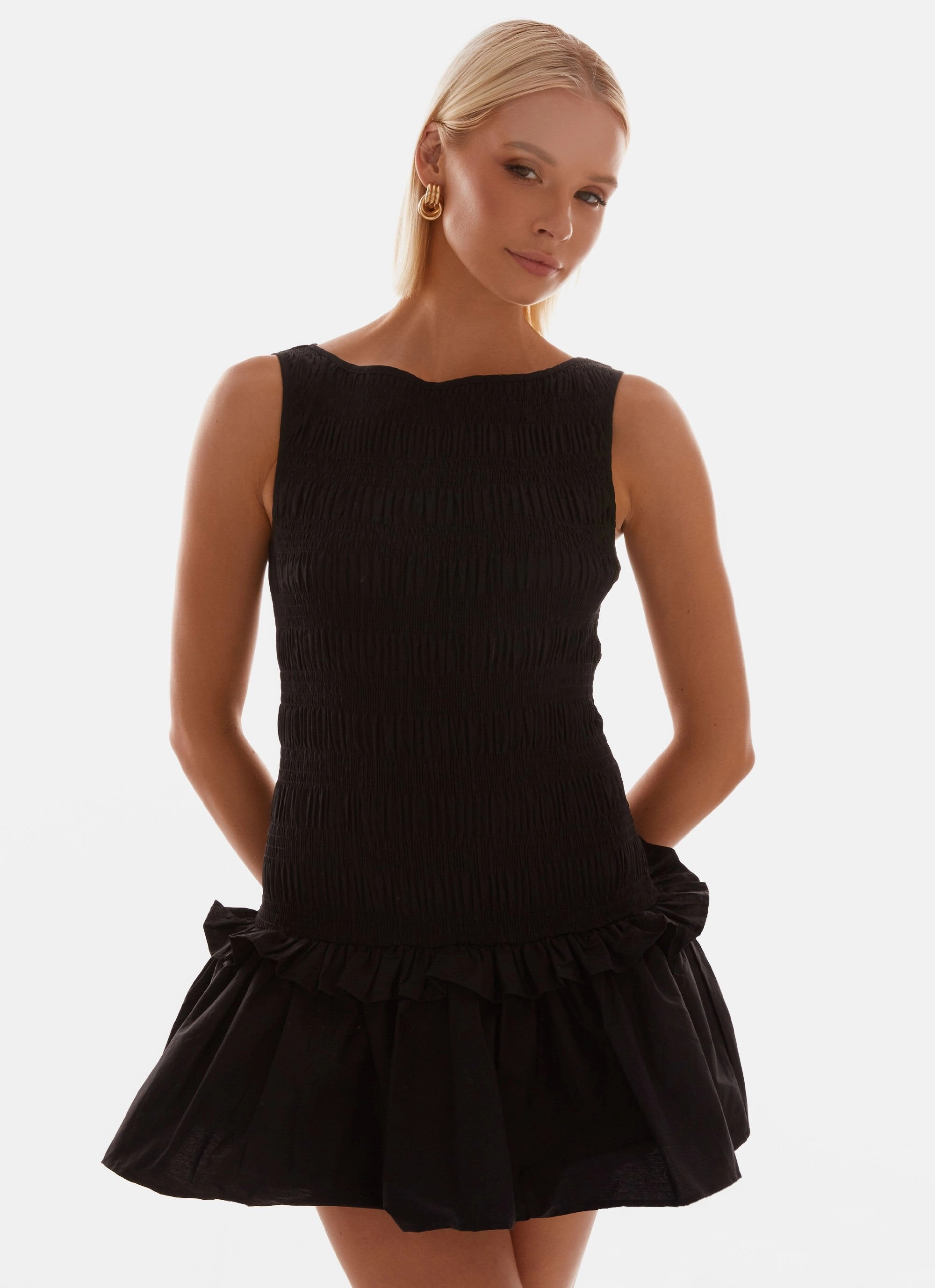 Garden Kisses Shirred Mini Dress - Black Moment Light Nature Inspired