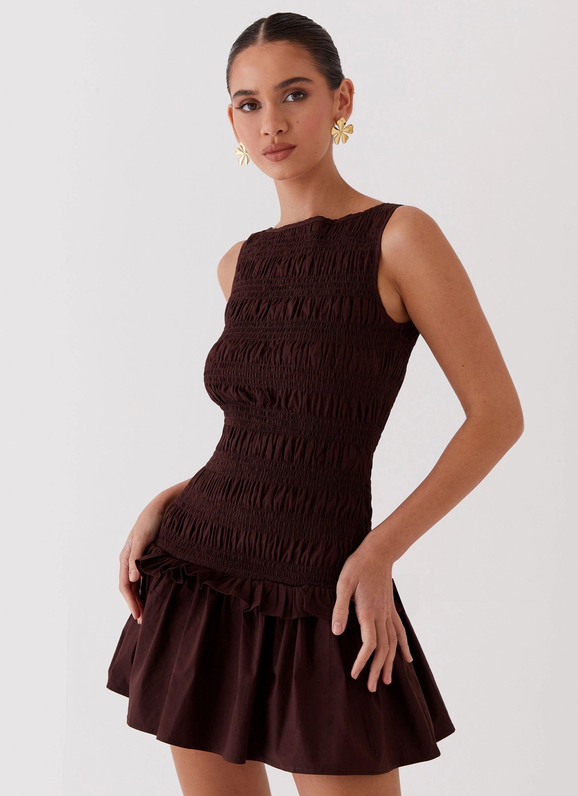 Garden Kisses Shirred Mini Dress - Chocolate Sleek Appearance Travel piece