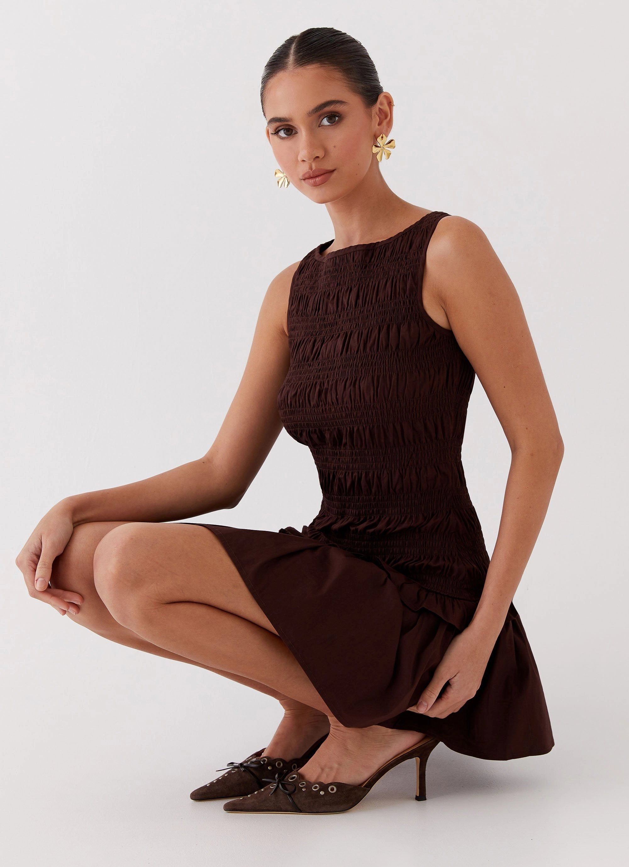 Garden Kisses Shirred Mini Dress - Chocolate velvet feel Euro Ease