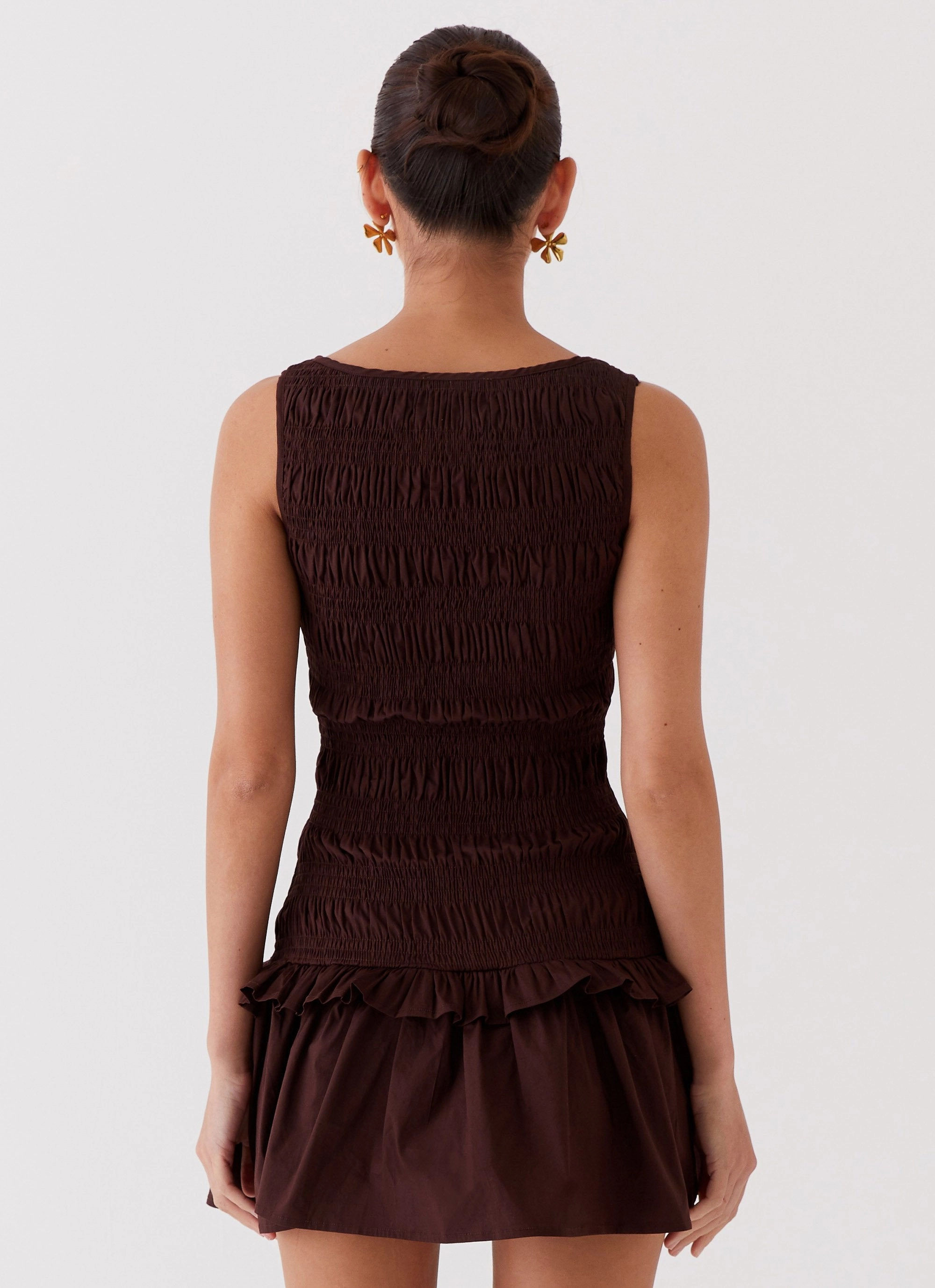Garden Kisses Shirred Mini Dress - Chocolate Casual Smart All Wear