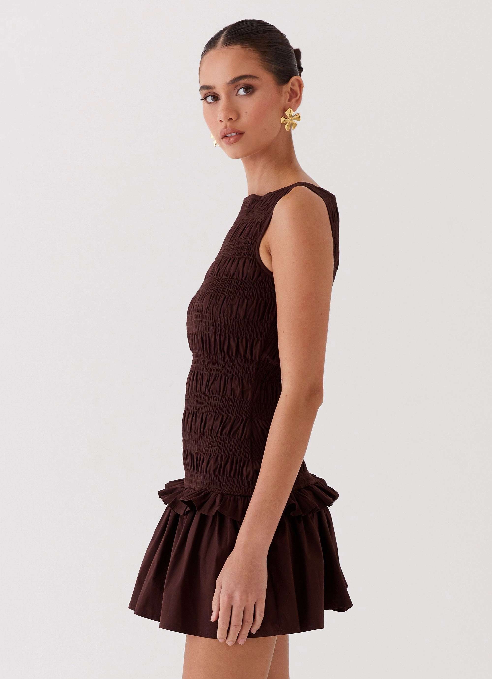 Garden Kisses Shirred Mini Dress - Chocolate Everyday Use