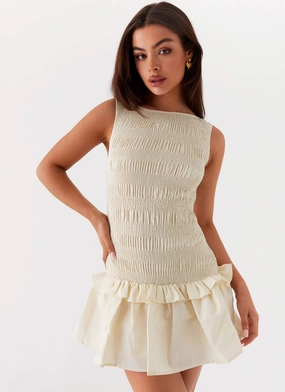 Garden Kisses Shirred Mini Dress - Ivory Clean Base Designer-Label
